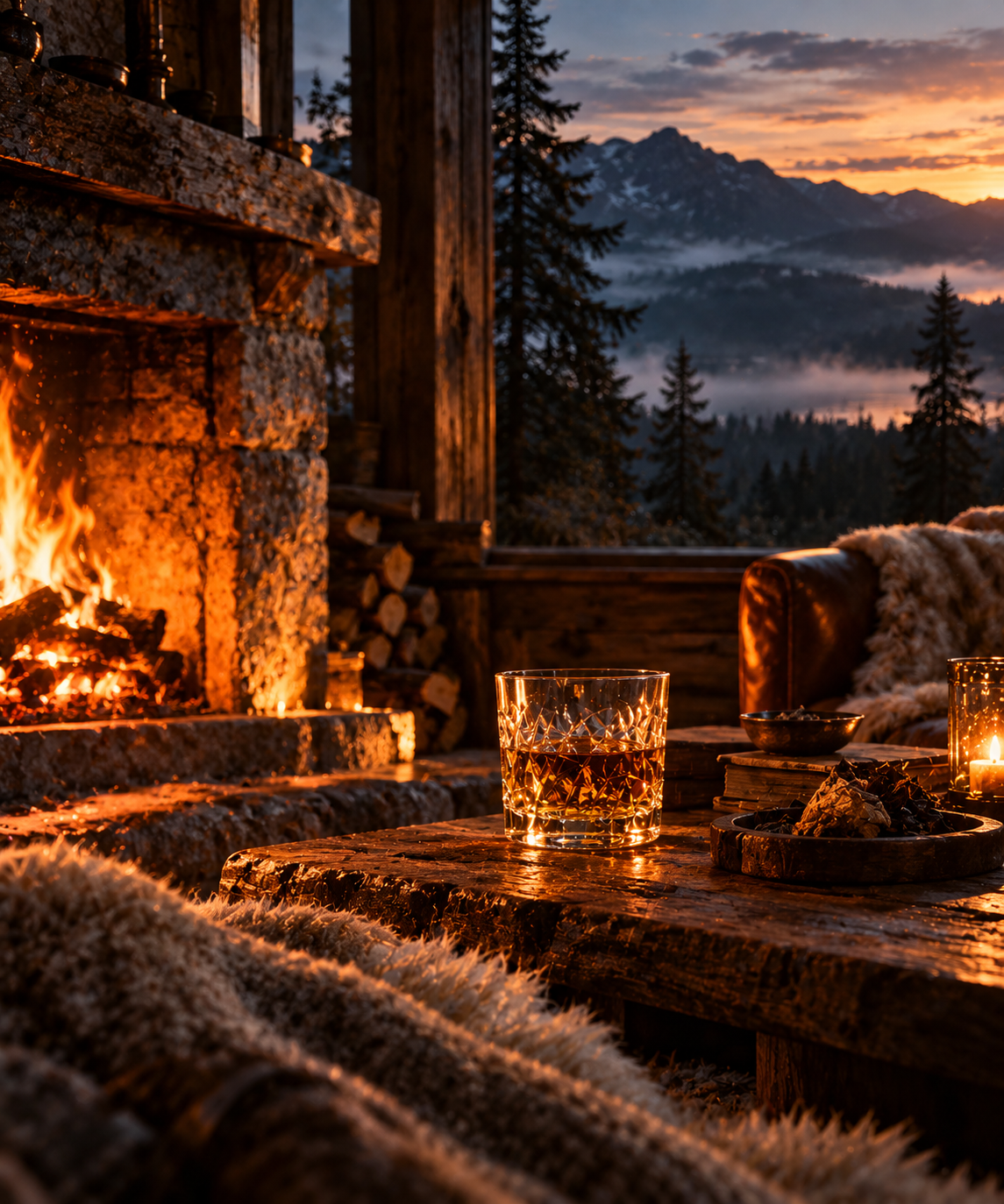 Valence Fireside Reserve: a stone fireplace and a glass of whisky in a mountain cabin