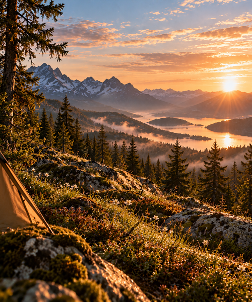 Valence First Light: sunrise over snow-capped mountains and a misty lake, seen from a forest camp
