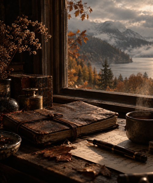 Valence Journal: an old leather journal on a desk by a window, autumn leaves and a lake beyond