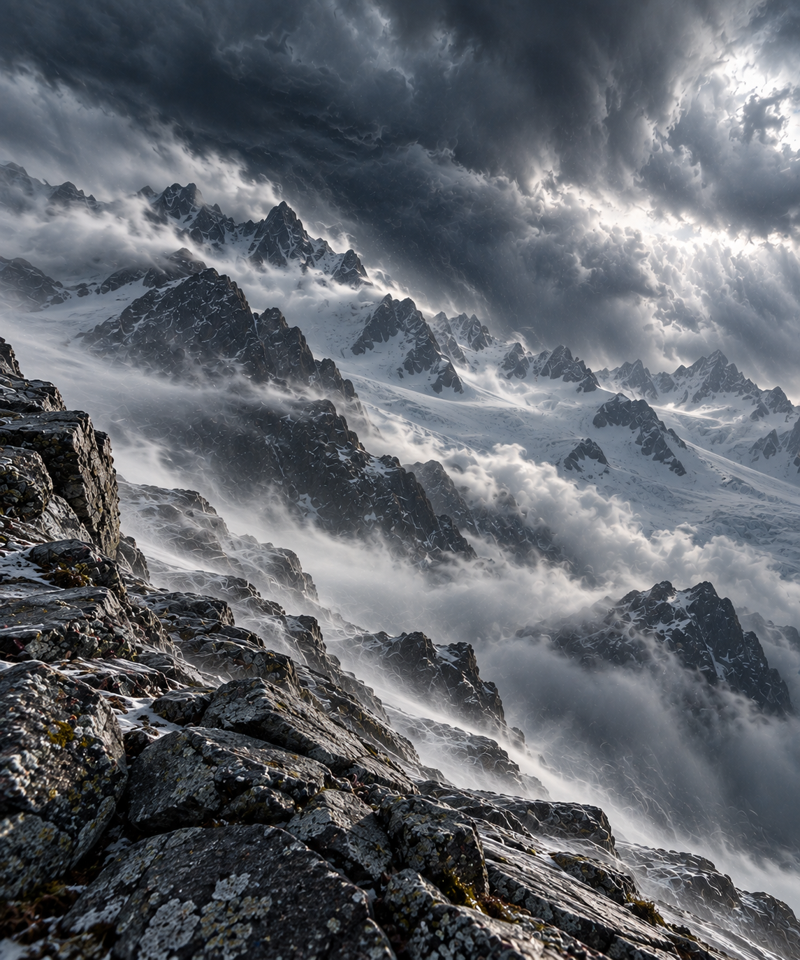 Valence Northern Exposure: storm clouds over jagged, snow-covered peaks