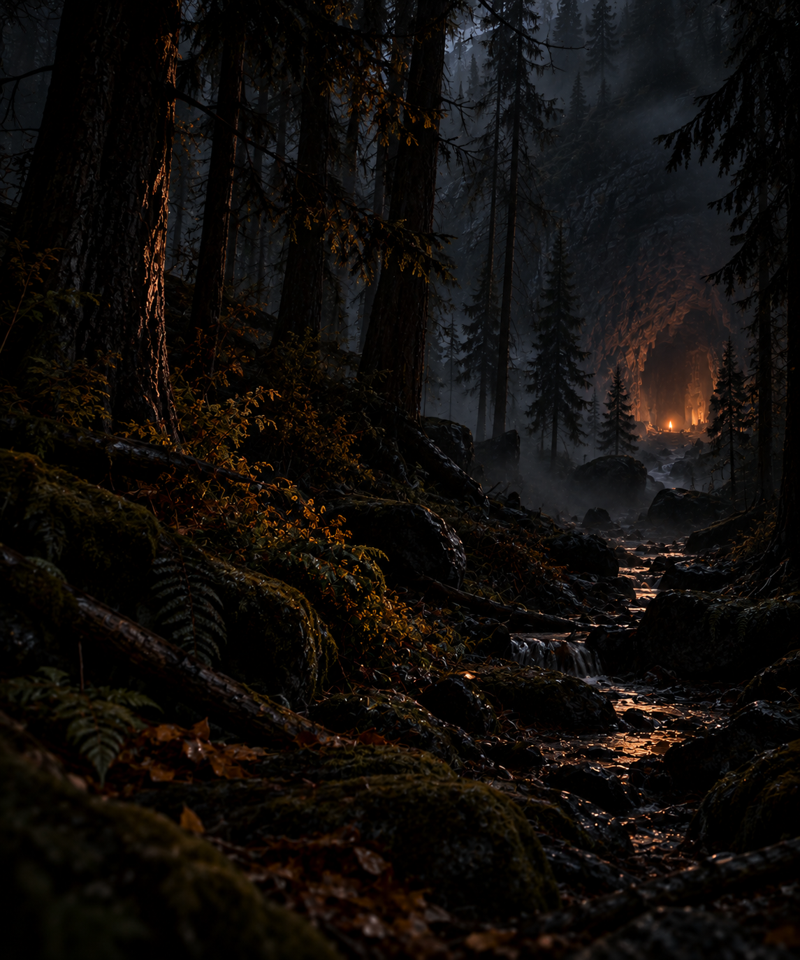Valence Torchwood: a dark forest stream leading toward distant torchlight