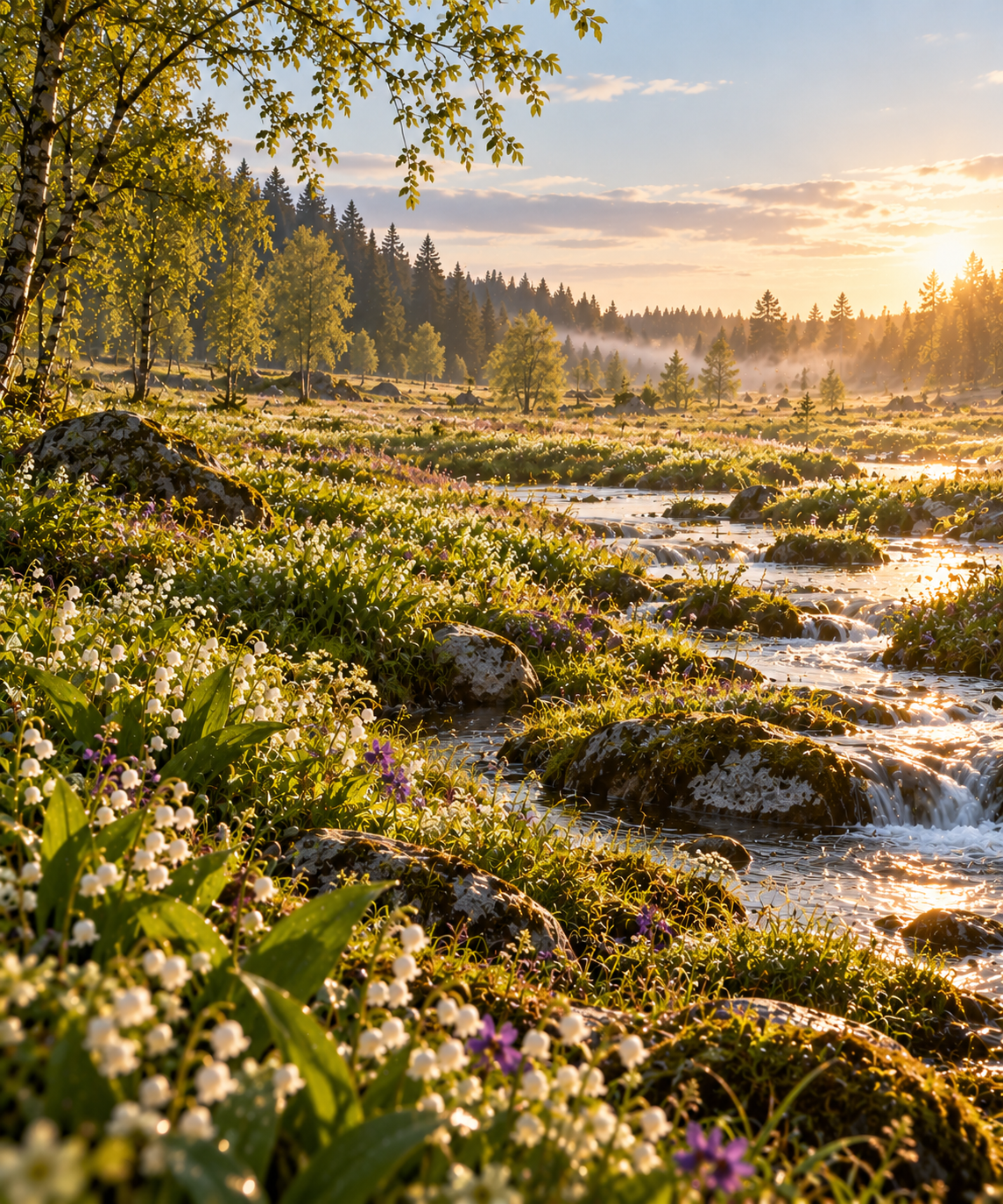 Valence Where the Bells Grow: lily of the valley beside a stream in a forest clearing at sunrise