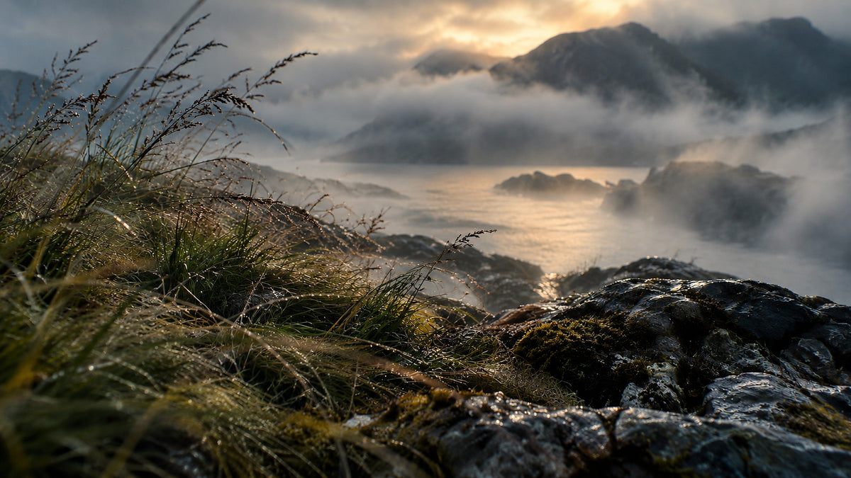 Wet rock and wind-blown grasses above a misty fjord at first light